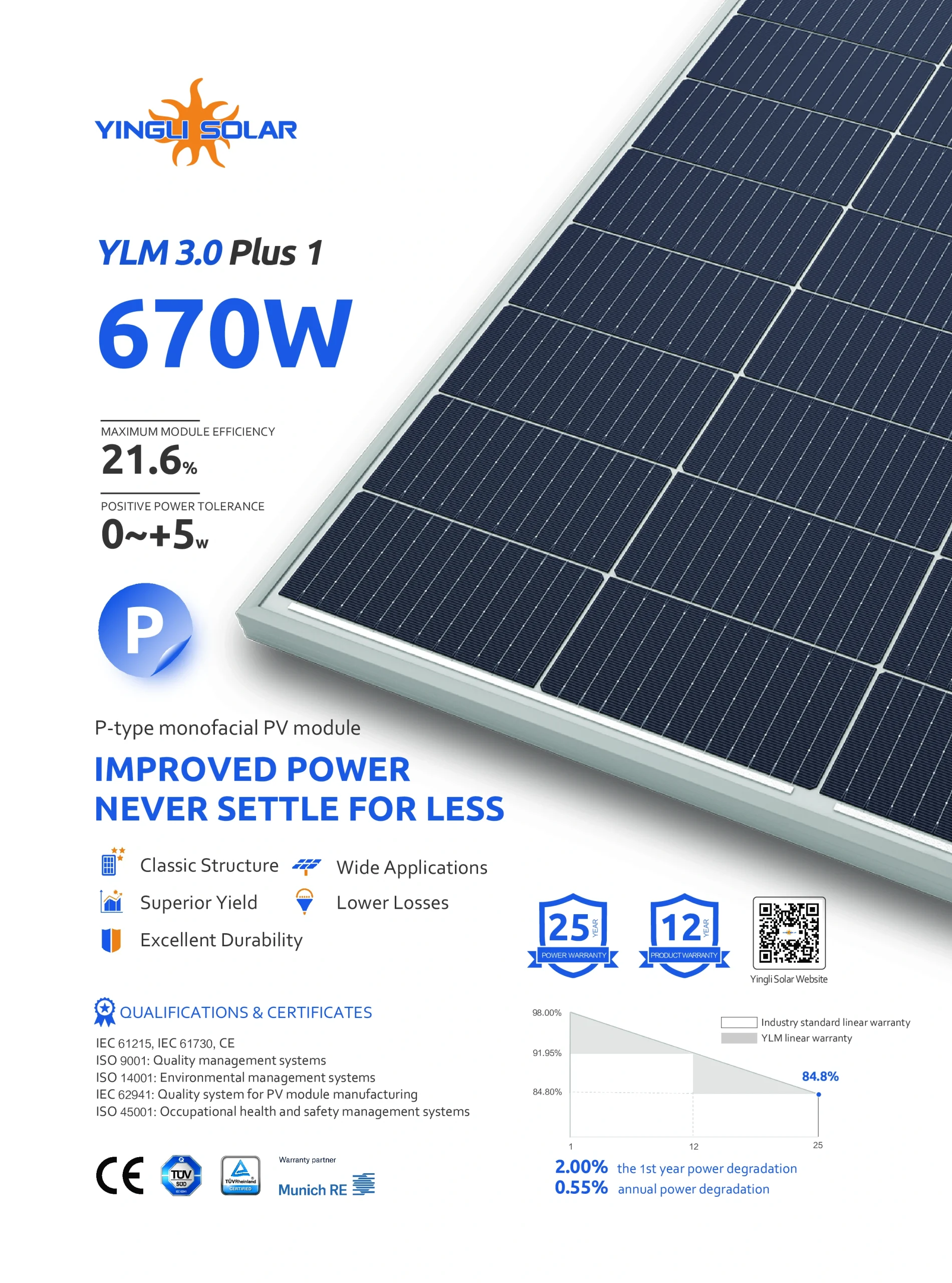 Yingli Solar YLM 3.0 Plus 1 670W P-Type Monofacial Ultra High Power Module