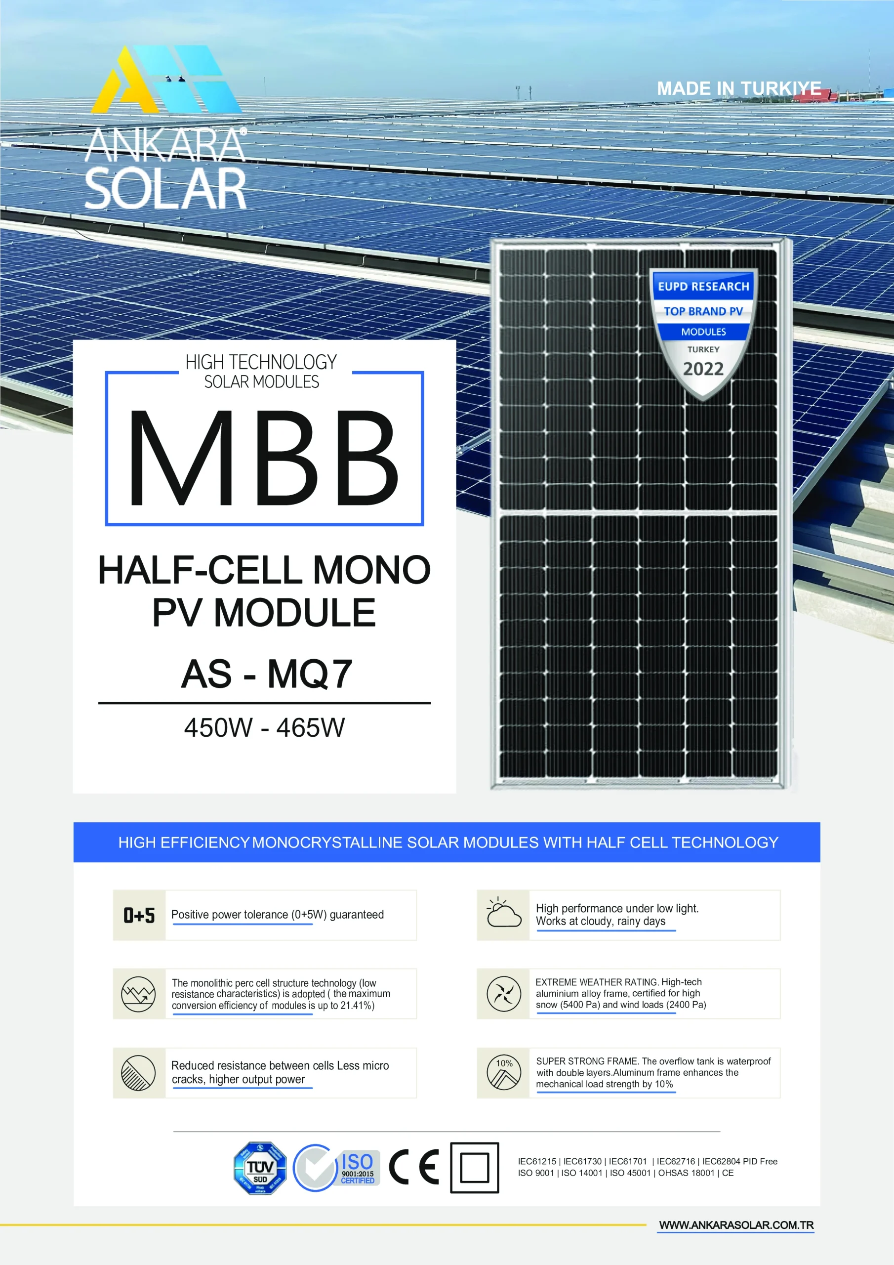 Ankara Solar AS-MQ7 465W Monocrystalline Half-Cut Solar Panel (120 Cells)