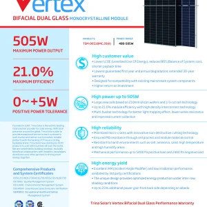 Trina Solar Vertex 505Wp Bifacial Double Glass Monocrystalline Solar Panel (TSM-DEG18MC.20