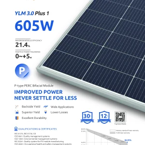 Yingli Solar YLM 3.0 Plus 1 605W P-Type PERC BIFACIAL Dual Glass Module