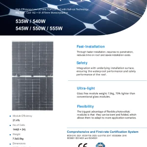 HT-SAAE Jupiter Flex HT72-18X(NLm) 535W-555W Ultra-Light Flexible Monocrystalline Solar Module