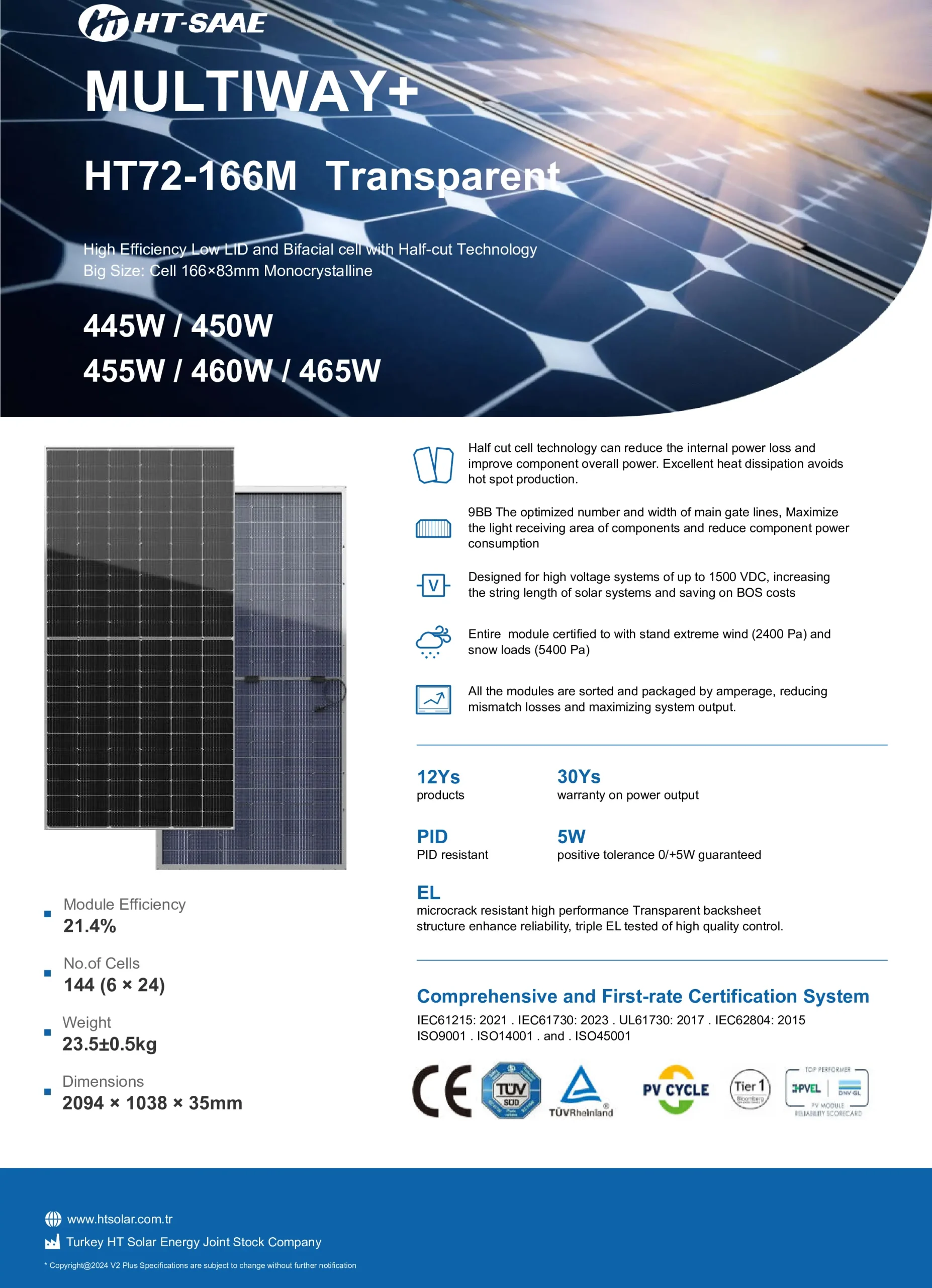 HT-SAAE MULTIWAY+ HT72-166M Transparent 445W-465W Bifacial Solar Module