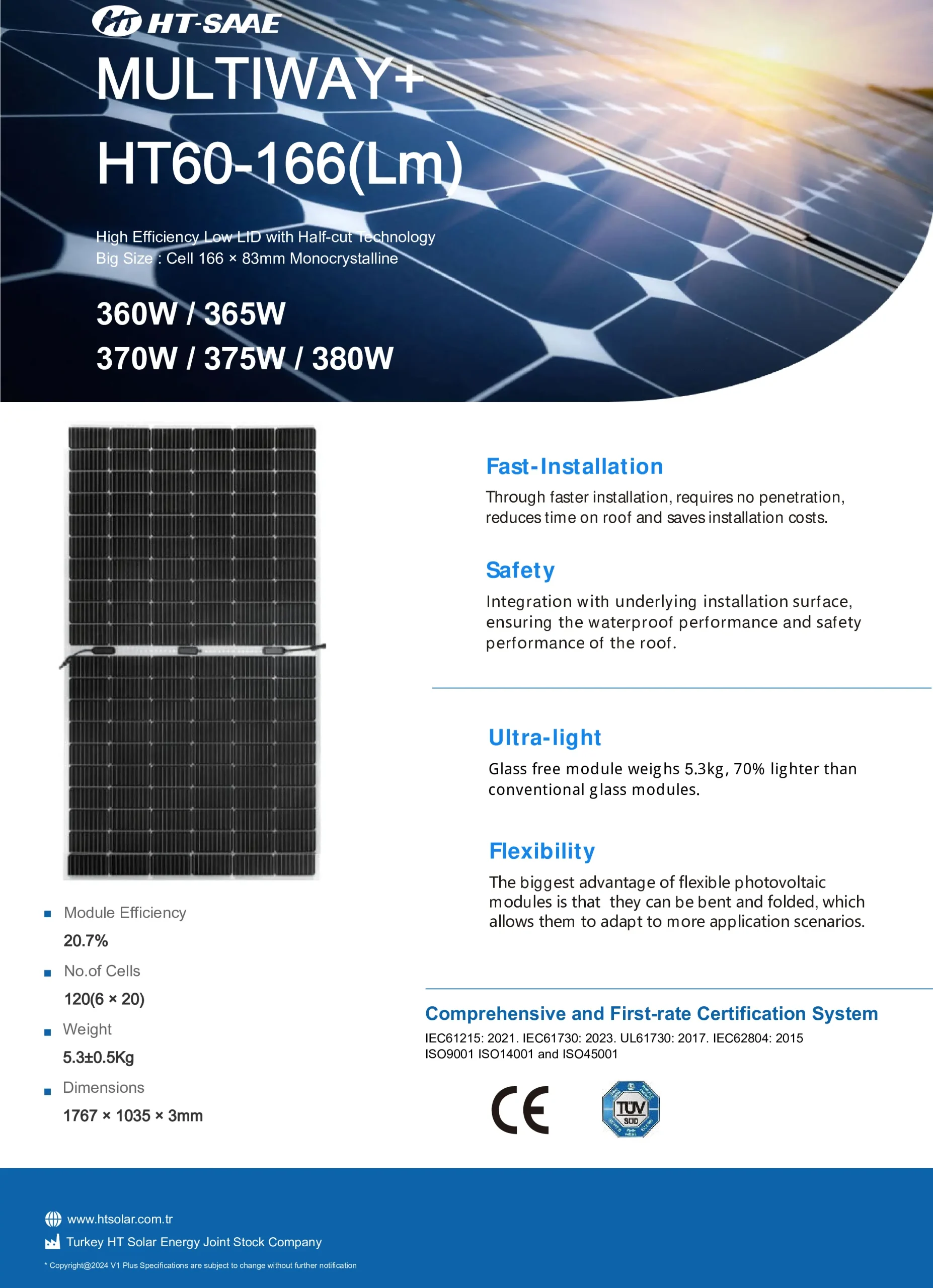 HT-SAAE MULTIWAY+ HT60-166(Lm) 360W-380W Ultra-Light Flexible Monocrystalline Solar Module