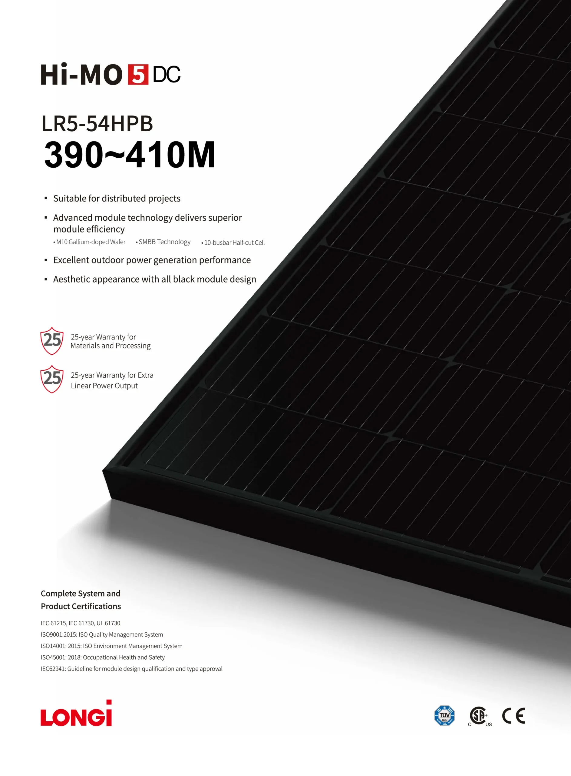 LONGi Hi-MO 5 LR5-54HPB (390~410M) Single Glass Half-Cell Solar Module