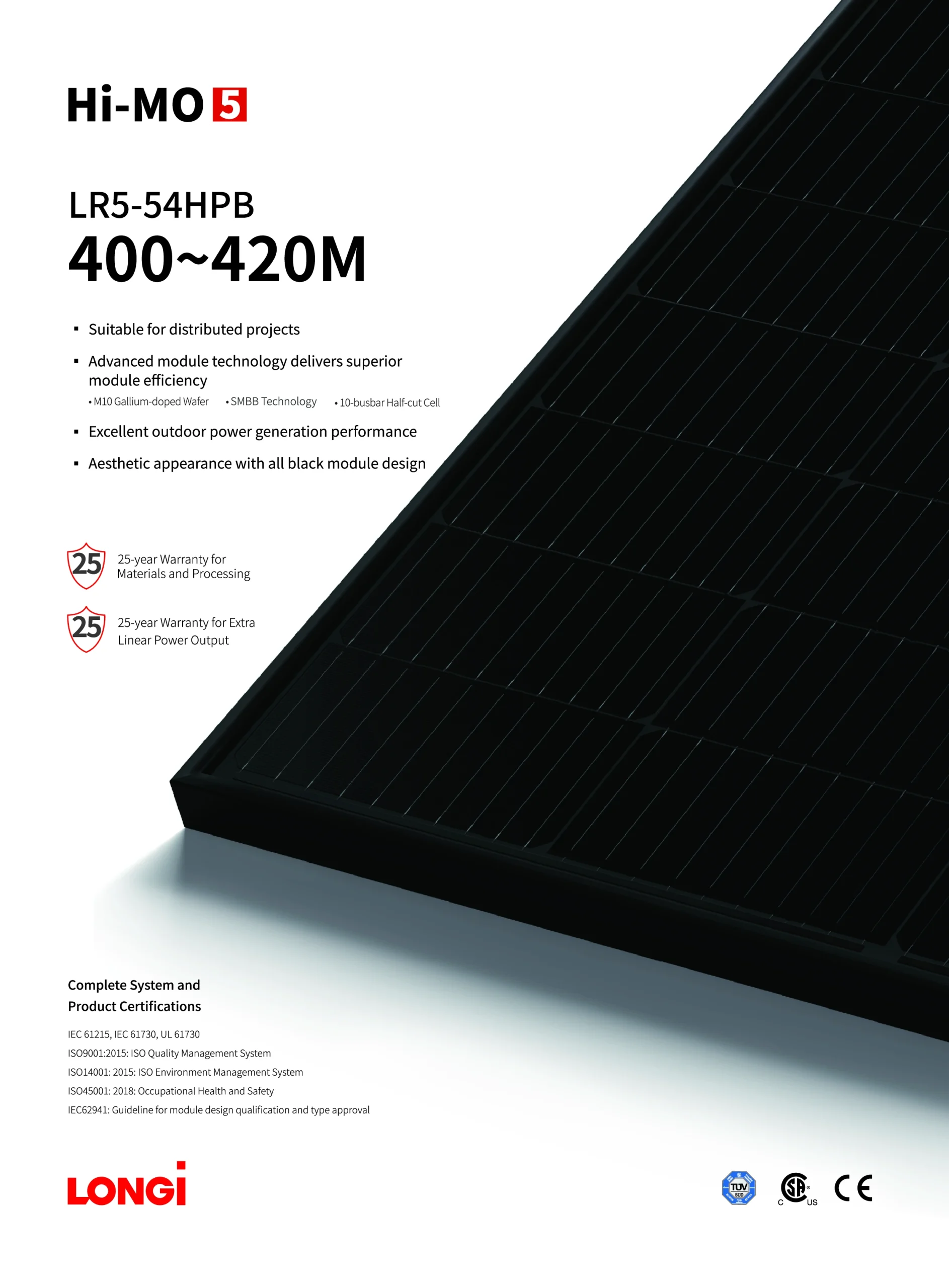 LONGi Hi-MO 5 LR5-54HPB (400~420M) Single Glass Half-Cell Solar Module