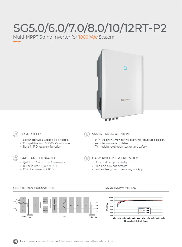 The Sungrow SG5–12RT-P2 ​​is a 3-phase, multi-MPPT, on-grid string inverter with a power range of 5–12 kW  -   ​​یک اینورتر رشته‌ای سه فاز- چند ام پی پی- و متصل به شبکه با محدوده توان ۵ تا ۱۲ کیلووات است.